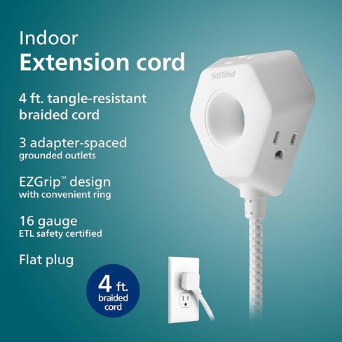 Philips EZGrip 4 Ft Braided Indoor Extension Cord with Multiple Outlets in Kuwait
