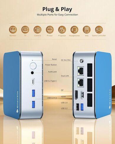 Glorlin Mini PC Ryzen 5 6600H(Beats 7730U), 16G LPDDR5 512G NVMe SSD, Mini Desktop Computer with 4K Triple Display, WiFi 6 BT5.3 Dual LAN, Mini Computer for Office, Home, Business in Saudi Arabia