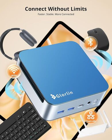 Glorlin Mini PC Ryzen 5 6600H(Beats 7730U), 16G LPDDR5 512G NVMe SSD, Mini Desktop Computer with 4K Triple Display, WiFi 6 BT5.3 Dual LAN, Mini Computer for Office, Home, Business in Saudi Arabia