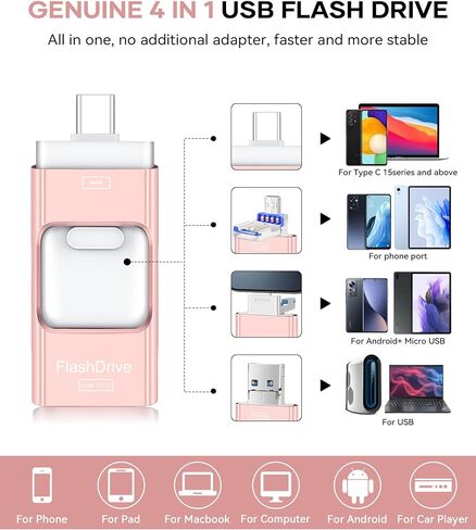 Flash Drive for Phone 512GB, 4 in 1 USB Type C Memory Stick, Photo Stick External Storage Thumb Drive for Phone Pad Android Computer, Rose Pink in Kuwait