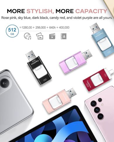 Flash Drive for Phone 512GB, 4 in 1 USB Type C Memory Stick, Photo Stick External Storage Thumb Drive for Phone Pad Android Computer, Rose Pink in Kuwait