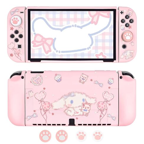 DLseego Sailor Moon Switch OLED حافظة واقية من السيليكون غطاء ناعم مقاوم للصدمات وردي الجلد Joy Con Shell مع 4 قطع من قبعات مقابض إبهام القطط in Kuwait