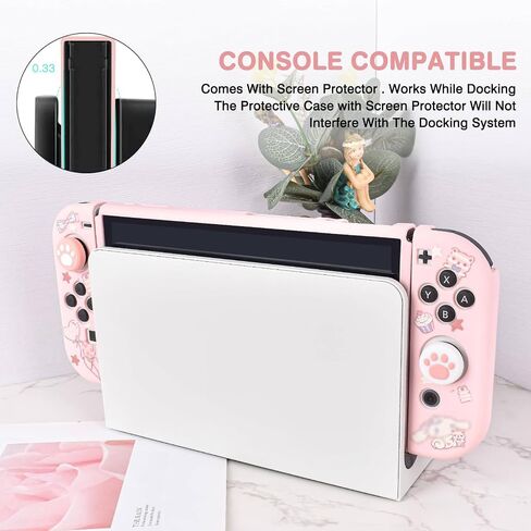 DLseego Sailor Moon Switch OLED حافظة واقية من السيليكون غطاء ناعم مقاوم للصدمات وردي الجلد Joy Con Shell مع 4 قطع من قبعات مقابض إبهام القطط in Kuwait