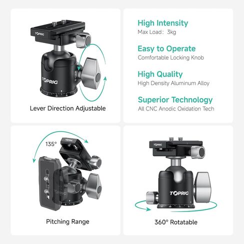 Accsoon Toprig Tripod Ball Head with 36mm Sphere &3 KG Load Capacity, 51 mm ballhead 360° Panoramic Shooting, Arca Swiss Quick Release Plate, Compatible with DSLR/Camcorder/Slider/Monopod in Kuwait