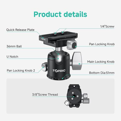 Accsoon Toprig Tripod Ball Head with 36mm Sphere &3 KG Load Capacity, 51 mm ballhead 360° Panoramic Shooting, Arca Swiss Quick Release Plate, Compatible with DSLR/Camcorder/Slider/Monopod in Kuwait