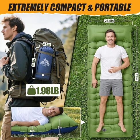 FUN PAC Camping Sleeping Pad,Ultralight Camping Mattress with Pillow, Built-in Foot Pump Inflatable Sleeping Pad Compact for Camping,Backpacking, Hiking,Traveling in Kuwait