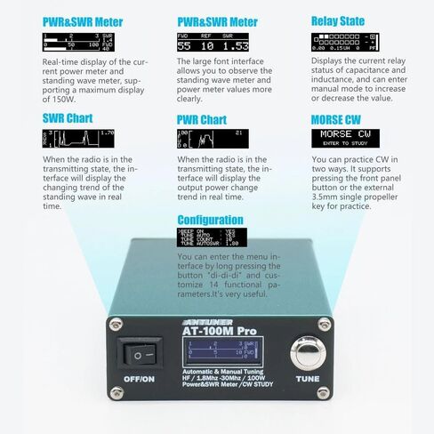 AT100M Pro Antenna Tuner 1.8Mhz-30Mhz Automatic Manual Tuning Device 100W Power Meter SWR Meter Morse Code in Kuwait