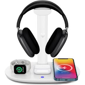 4 in 1 Wireless Charger with Headphone Stand for iPhone 17 16 15 14 13 12 Pro Max, Apple Watch 11 10 Ultra SE, AirPods Max 4 & Samsung S25-15W Gaming Desk Organizer (Adapter Not Included)(White) in Kuwait