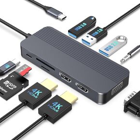 Docking Station Dual Monitor, 10-in-1 USB C Hub with Dual 4K HDMI, VGA, 100W PD, 1 x USB 3.0, 2 x USB 2.0, SD/TF Card Reader, 3.5mm Audio, Ideal for HP/Dell/Lenovo/Mac Laptops in Kuwait