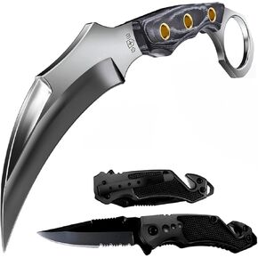 GOOD WORKER Karambit Knife with Sheath & Micarta Handle – Small Fixed Blade Knife – 2.95" Serrated Blade Pocket Knife – Black Folding Knife with Glass Breaker and Seatbelt Cutter in Kuwait