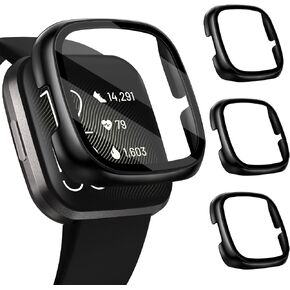 [3 Pack] iVoler Screen Protector Tempered Glass for Fitbit Versa 2, Hard PC case with Bumper Cover Sensitive Touch Full Coverage Protective Case for Versa 2 Smart Watch, Black in Kuwait