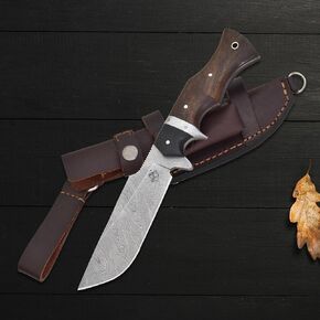 Knives Ranch Damascus Hunting Knife, Full Tang Camping Knife, Stabilized Rosewood & Burlap Micarta Handle, Heavy-Duty Leather Sheath (3153-IRW) in Kuwait
