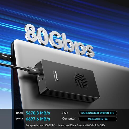 ANYOYO 80Gbps M.2 NVMe SSD Enclosure with Cooling Fan, Aluminium Alloy Enclosure Compatible with Thunderbolt 5/4/3/USB4, Support M/B+M Key SSD, Tool-Free Installation in Kuwait