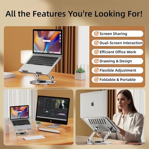 360° Rotatable Height-Adjustable All-Metal Dual-Bar Laptop Stand, Anti-Slip Heat-Dissipating for MacBook Pro/Air (10-17"), Tablet, Gaming, Office, Home, Drawing - Gray in Saudi Arabia