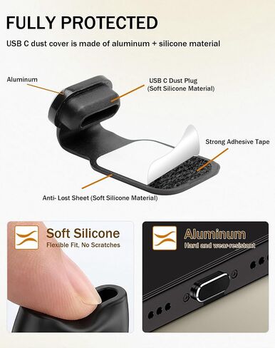 Anti-Lost USB-C Dust Plug Cover for iPhone 17/16/15 Plus/Pro/Max, Samsung Galaxy, Pixel, Anti-Lost Type-C Port Protector with Cleaning Brush, Midnight Black, 4 Pack in Kuwait
