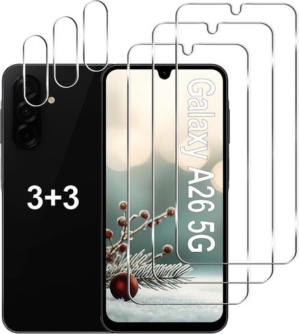 [3+3 Pack] Galaxy A26 5G Screen Protector + Camera Lens Protector, 9H Tempered Glass, Anti Scratch, Easy Installation, Bubble Free, HD Screen Protector for Samsung Galaxy A26 5G in Kuwait