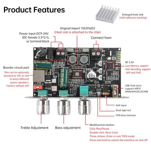 Diymore ZK-1001U Mono Amplifier Board, Bluetooth 5.3 100W TPA3116D2 Audio Amp Module with TWS, Treble Bass Control, USB AUX Input, DC 9-24V for Car DIY Home Outdoor Speakers in Kuwait