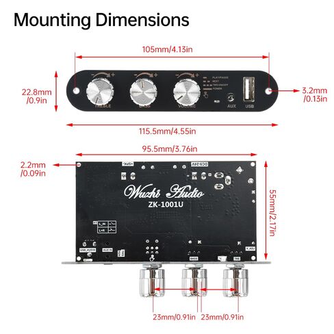 Diymore ZK-1001U Mono Amplifier Board, Bluetooth 5.3 100W TPA3116D2 Audio Amp Module with TWS, Treble Bass Control, USB AUX Input, DC 9-24V for Car DIY Home Outdoor Speakers in Kuwait