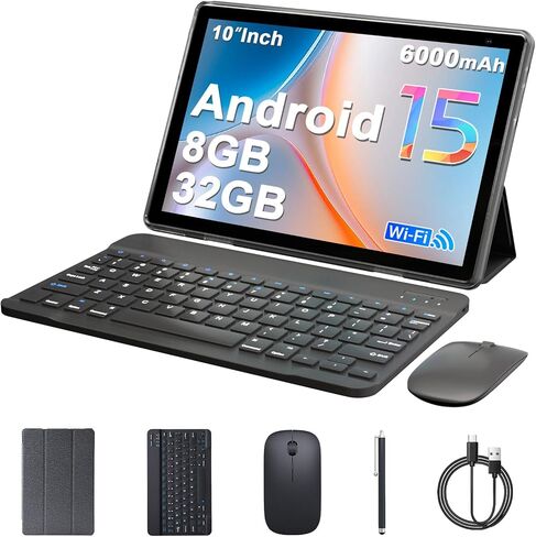 Android 15 Tablet 10 inch Tablets, 8GB RAM 32GB ROM 1TB Expand, 2 in 1 Tablet with Keyboard Case Mouse Stylus, 5G WiFi, BT5.0, 6000mAh, 1280x800 HD IPS Screen, 8MP Dual Camera, GMS, Widevine L1, Black in Kuwait