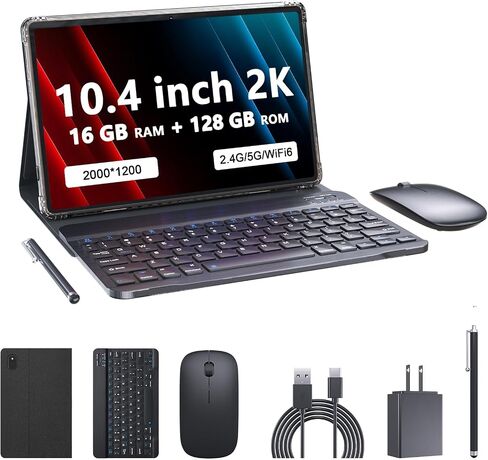 PEICHENG Tablet with Keyboard and Case, Android 13.0 10.4 Inch, 16GB RAM+128GB ROM, 2000 * 1200 2K FHD Display, Powerful 2.0Ghz CPU, 2.4G and 5G and WiFi 6, Bluetooth 5.0, 2 in 1 Tab, Black in Kuwait