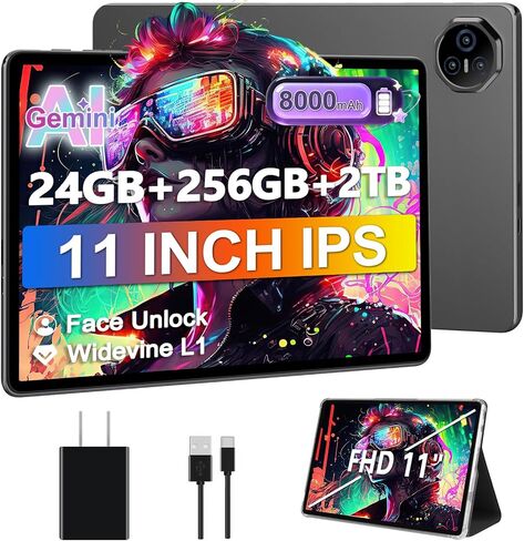 2026 11 inch Tablet, 24GB RAM+256GB ROM(2TB TF), Android Tablets with 8000mAh Battery, (13+5) MP Camera, Supports Widevine L1, 5G WiFi, GPS, BT5.0, Tablet with Case -Gray in Kuwait