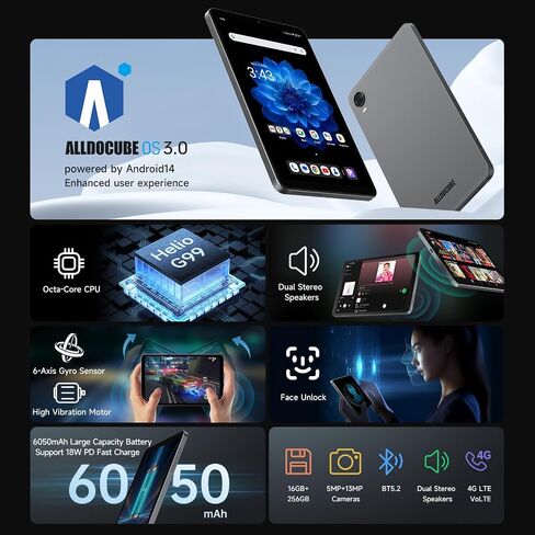 ALLDOCUBE Android 14 Tablet, 8.4 inch Helio G99 iPlay 60 Mini Pro Tablet, 16GB RAM 256GB ROM 512GB Expandable, FHD 1920x1200 Display, Widevine L1, 6050mAh, 5MP/13MP Camera, 4G LTE Bluetooth 5.2 in Kuwait