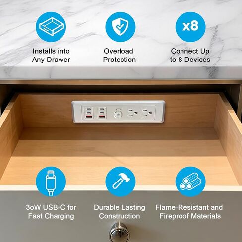 Drawer Outlet Kit, Retractable Arm, Integrated Safety Shutoff Fast Charging in Kuwait