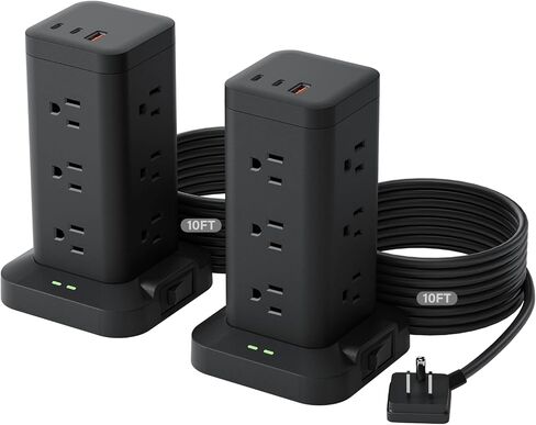 2Pack Power Strip Tower with Surge Protector 1800J, Fast Charging Tower PD20W USB-C Ports with 12 AC Outlets, 10ft Extension Cord for Home Office Dorm Room, White in Kuwait