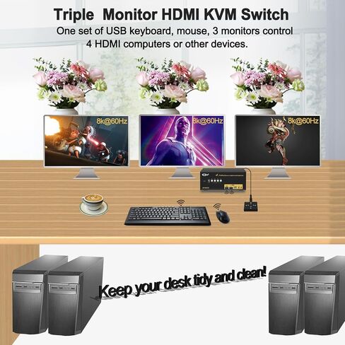 CKL USB 3.0 Triple Display KVM Switch HDMI 2.1 8K 60Hz 4K 120Hz (for 3 Monitors 4 Computers) Supports EDID Emulation, Hotkey, Audio and, with All Input Cables 943HUA-5 in Kuwait