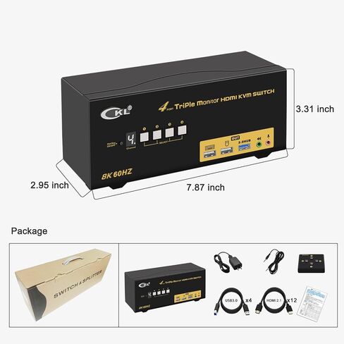 CKL USB 3.0 Triple Display KVM Switch HDMI 2.1 8K 60Hz 4K 120Hz (for 3 Monitors 4 Computers) Supports EDID Emulation, Hotkey, Audio and, with All Input Cables 943HUA-5 in Kuwait