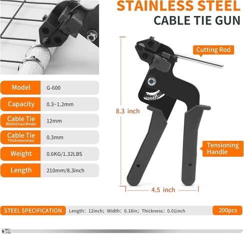 Metal Zip Tie Tool Set，Stainless Steel Cable Tie Gun Kit with 200pcs 12inch Metal Zip Ties heavy duty outdoor(300LBS) and Industrial Cutting Tool,Corrosion Resistant for Fence, Pipe, Industrial Use in Kuwait