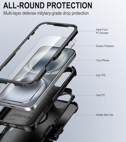 for iPhone 16 Case with Belt Clip Holster,2X Screen Protector, Heavy Duty Protection,Military-Grade Protection,Anti-Drop,Shockproof Phone Cover for iPhone 16 Case,Black in Kuwait