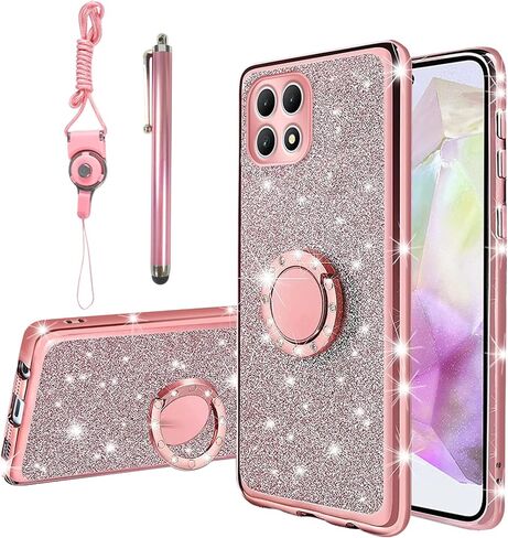 for Revvl 7 5G Phone Case for Women Glitter Soft TPU Luxury Crystal Butterfly Heart Floral Protective Cover with Ring Kickstand+Strap for T-Mobile Revvl 7/ T Phone 2 5G(Rose Gold) in Kuwait