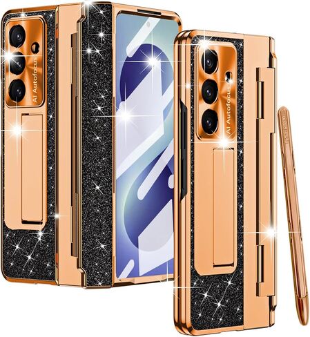 for Samsung Galaxy Z Fold 8 Ultra Case with Pastable S Pen Holder & Stylus, One-piece All-Round Hinge Protection Screen Protector Kickstand Glitter Women Girl Case for Z Fold 8 Ultra Black in Saudi Arabia