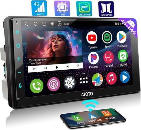ATOTOZONE A6PF Plus 8-Core 4G+64G 7inch Android Double DIN Car Stereo, 4G LTE, Wireless CarPlay/Android Auto QLED Touch Screen, WiFi/BT/USB Tethering, Dual Bluetooth, 36-Band EQ, AI Chat, DSP/LRV/SWC in Kuwait