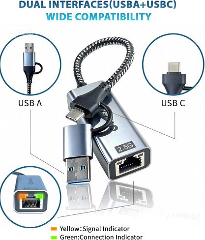 USB A/C to Ethernet Adapter,Ethernet to USB,USBA to RJ45 for Nintendo Switch 2,Gigabit Ethernet Adapter, LAN Network for Laptop, MacBook,Chromebook,Surface, Desktop,PC and More (USB A+C 2.5G) in Kuwait