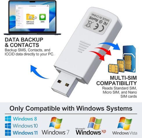 SIM Card Reader - Nano Micro Standard USB SIM Card Adapter with Eject Pin for Windows PC Laptop, Read Edit Copy Contacts SMS Messages Nano SIM Adapter Reader for SIM Memory Card Backup Management in Kuwait
