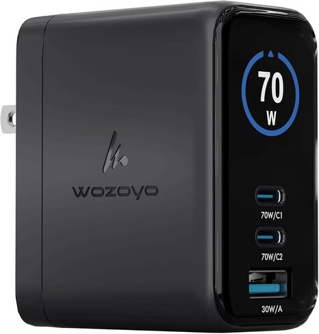 70W Smart LED Wozoyo GaN Charger, 2XType-C & USB-A Superfast 2.0 Charging, Compatible For iPhone 17/16/16 Pro Max/15 Series/iPad Pro, Smartphones, Tablets And More, PD/PPS/QC 3.0,Compact Foldable Plug in Kuwait