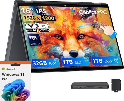 HP OmniBook X Flip 2-in-1 16" 2K Copilot+ PC Touch Laptop, Intel Core Ultra 9 288V, 32GB LPDDR5X, 3TB Storage (2TB SSD+1TB Docking Station), Intel Arc 140V GPU, Backlit Keyboard, Win 11, Gray in Kuwait