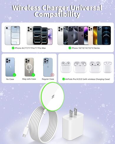 Magnetic Wireless iPhone Charger,[Apple MFi Certified]2Pack PD Fast Charging Block with 6Feet Fast Mag Safe Wireless Charging Pad Magnetic Charger for iPhone 17/17Air/17 Pro Max/16/15/14/13/12,AirPods in Kuwait