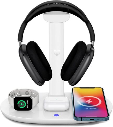 4 in 1 Wireless Charger with Headphone Stand for iPhone 17 16 15 14 13 12 Pro Max, Apple Watch 11 10 Ultra SE, AirPods Max 4 & Samsung S25-15W Gaming Desk Organizer (Adapter Not Included)(White) in Kuwait