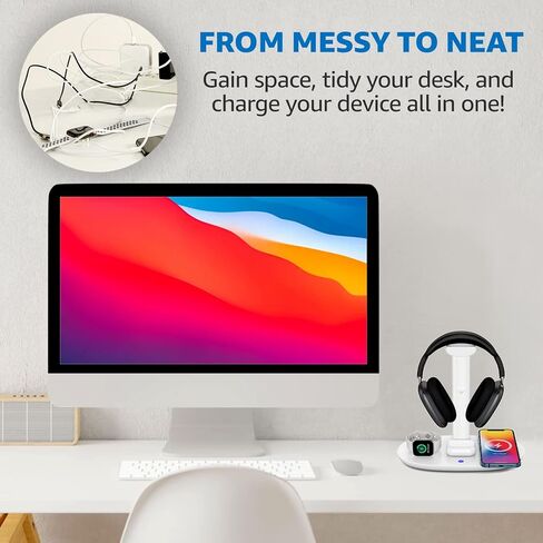 4 in 1 Wireless Charger with Headphone Stand for iPhone 17 16 15 14 13 12 Pro Max, Apple Watch 11 10 Ultra SE, AirPods Max 4 & Samsung S25-15W Gaming Desk Organizer (Adapter Not Included)(White) in Kuwait