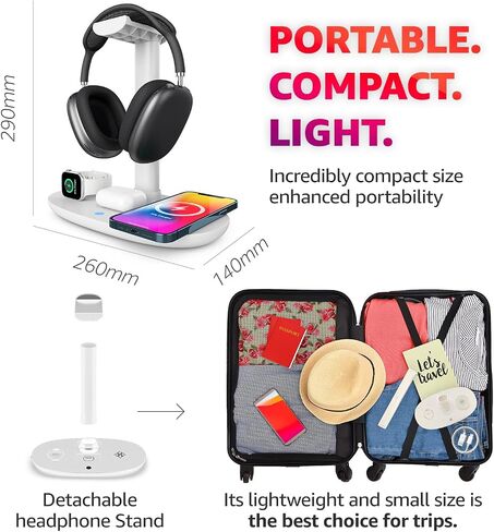 4 in 1 Wireless Charger with Headphone Stand for iPhone 17 16 15 14 13 12 Pro Max, Apple Watch 11 10 Ultra SE, AirPods Max 4 & Samsung S25-15W Gaming Desk Organizer (Adapter Not Included)(White) in Kuwait