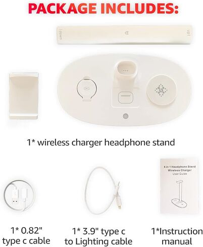 4 in 1 Wireless Charger with Headphone Stand for iPhone 17 16 15 14 13 12 Pro Max, Apple Watch 11 10 Ultra SE, AirPods Max 4 & Samsung S25-15W Gaming Desk Organizer (Adapter Not Included)(White) in Kuwait