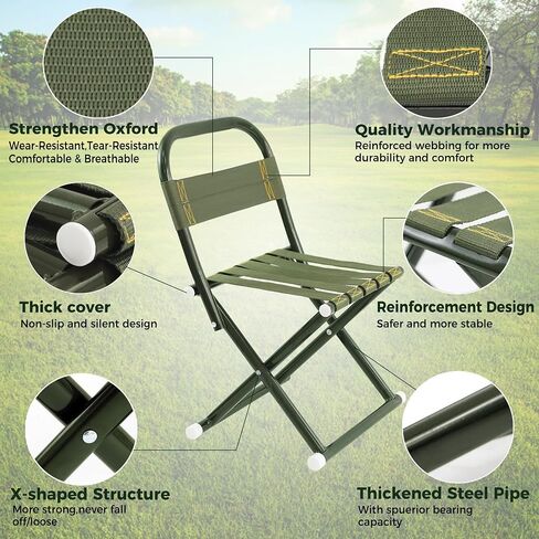 Portable Camping Chair, Full Steel Frame Folding Stool with Back, 400LBS Capacity Military Green Outdoor Chair for Adults, Heavy-Duty Webbing Seat, Compact Foldable Design for Hunting, Fishing, Hiking in Saudi Arabia