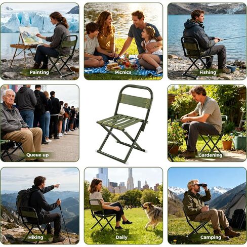 Portable Camping Chair, Full Steel Frame Folding Stool with Back, 400LBS Capacity Military Green Outdoor Chair for Adults, Heavy-Duty Webbing Seat, Compact Foldable Design for Hunting, Fishing, Hiking in Saudi Arabia