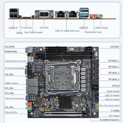 C612 Mini-ITX NAS Motherboard for E5 v3/v4, Dual 10GbE, 10 SATA, Dual M.2 NVMe, ECC Memory Support(1×M.2 Adapter + 2×SFF-8643 Cables) in Kuwait