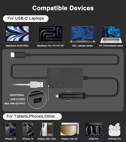 Laptop Car Charger 100W, USB C Port – Replacement for MacBook Pro/Air, Dell, HP,ASUS, Acer - with Extra USB-A Port for Tablets, Phones, Earbuds and More Other USBC Devices Computer AC Adapter in Kuwait