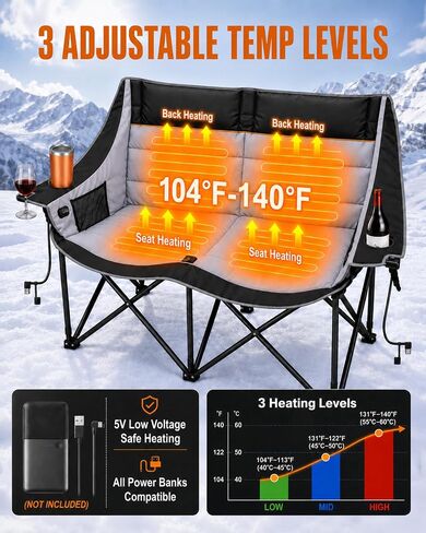 HOPERAN Heated Double Camping Chair, 660lbs 3 Heat Levels Camping Loveseat in Kuwait