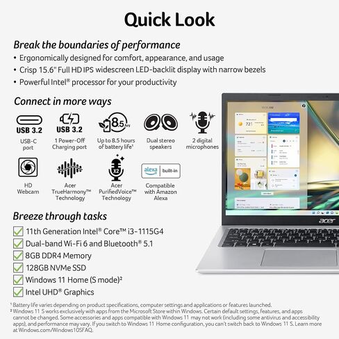 acer Aspire 5 A515-56-347N Slim Laptop - 15.6" Full HD IPS Display - 11th Gen Intel i3-1115G4 Dual Core Processor - 8GB DDR4-128GB NVMe SSD - WiFi 6 - Amazon Alexa - Windows 11 Home in S Mode,Silver in Kuwait